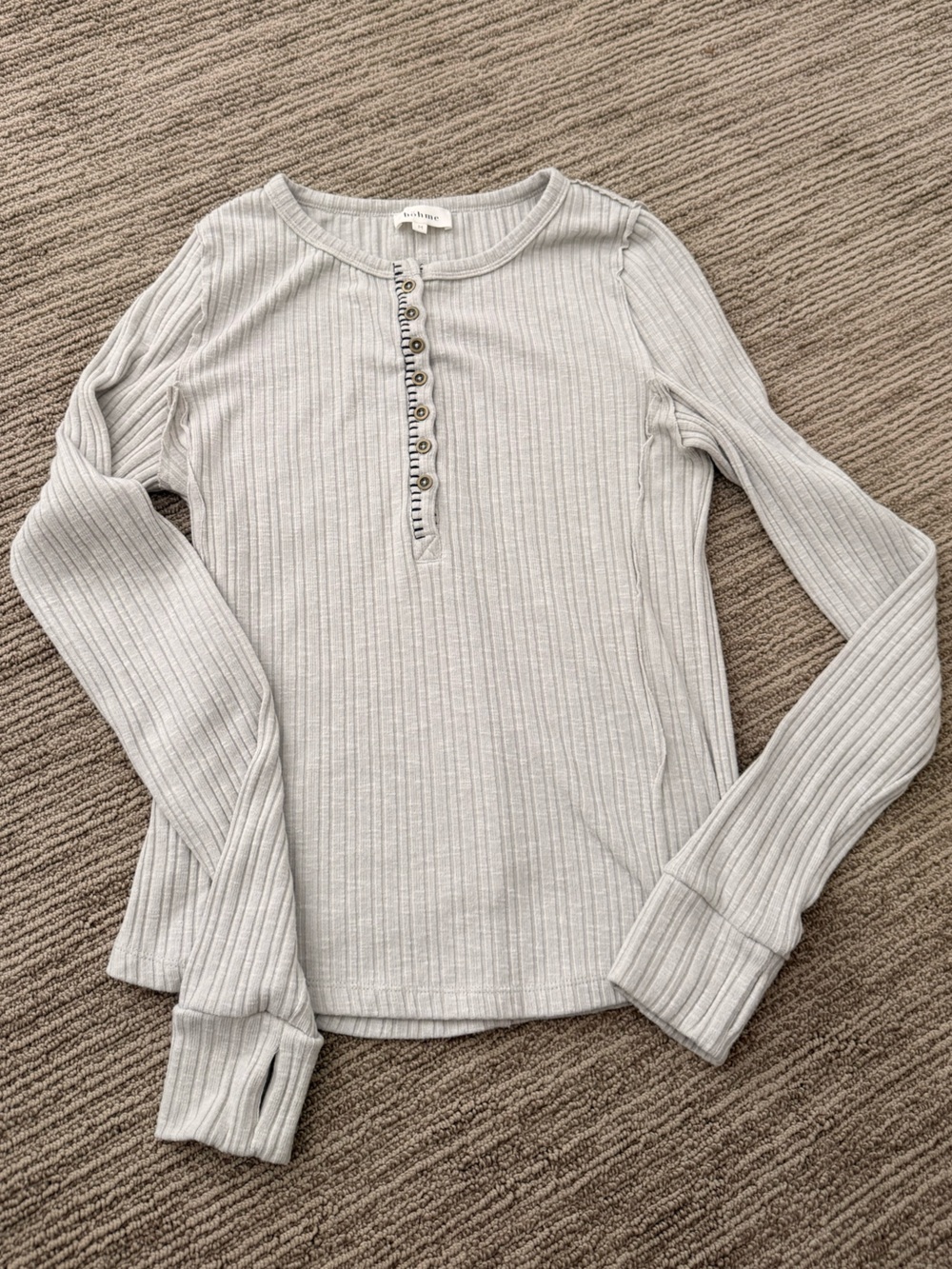 bohme Light Gray Ribbed Henley Long-Sleeve Top